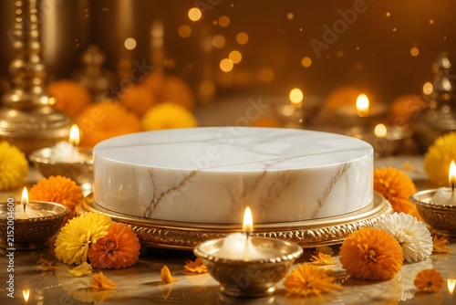 Marble Podium with Diwali Candles and Marigolds