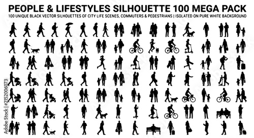100 Mega Pack Black Vector Silhouettes: City Life, Commuters, Pedestrians, People & Lifestyles, Isolated on White Background