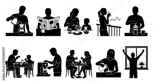 Morning Routine Silhouettes: Coffee, Breakfast, Reading, Family Moments, Waking Up - 10 Vector Icons Set