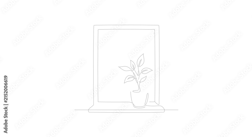 Obraz premium Minimalist Single Line Drawing of a Potted Plant on a Windowsill, Clean Vector Art for Home Decor and Interior Design Concepts