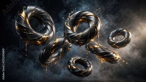 Abstract Futuristic Metallic Torus Shapes Floating in Dark Nebula.