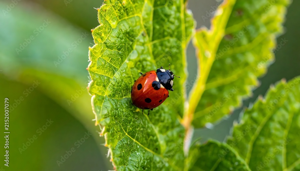Obraz premium Close up view of red ladybird insect on green leaf in sunny garden nature background
