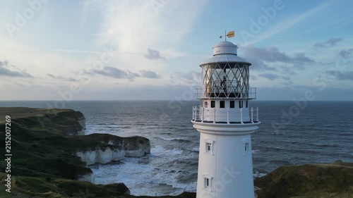 Close up static view of Flamborough Head Lighthouse glass lantern room, East Yorkshire, England