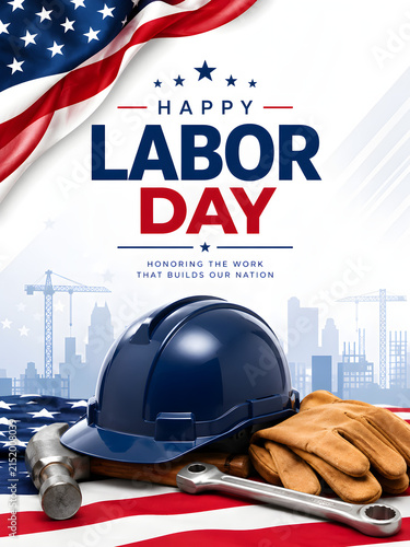 Labor day celebration with hard hat and american flag