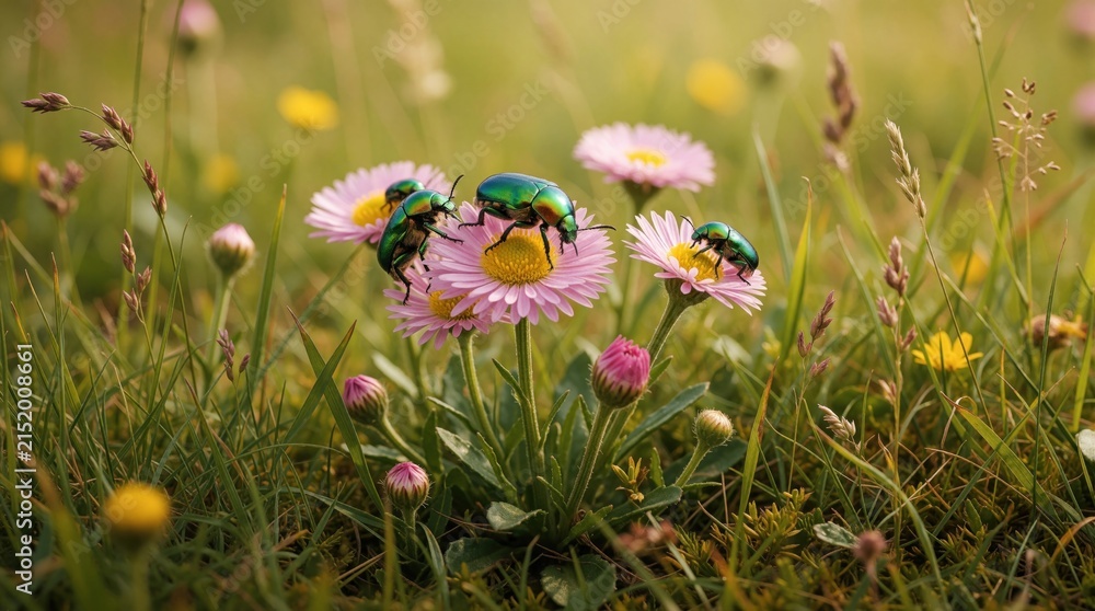 Obraz premium Metallic green beetles perch on pink daisies in a sunlit meadow. Insects gather on blooming flowers amidst rich green grass and other wildflowers during daytime. Macro view shows detail.