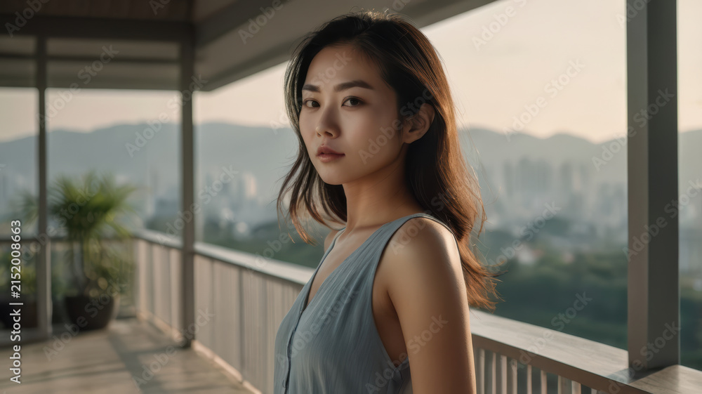 Fototapeta premium Asian woman on balcony with cityscape and mountain view, serene portrait