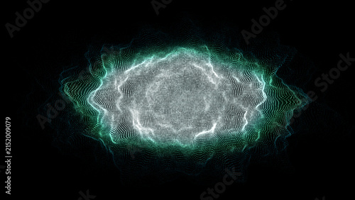 Abstract digital green circle wave on black background. Big data visualization. Analytics representation. Sphere with explosion of bright particles. 3d rendering.