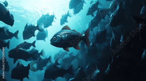 A single fish stands out from a large school swimming in the deep ocean.