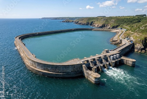 Tidal barrage renewable energy facility curving along a rocky ocean coastline