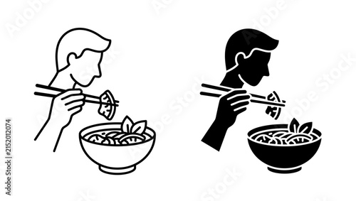 Person eating noodles with chopsticks icon set