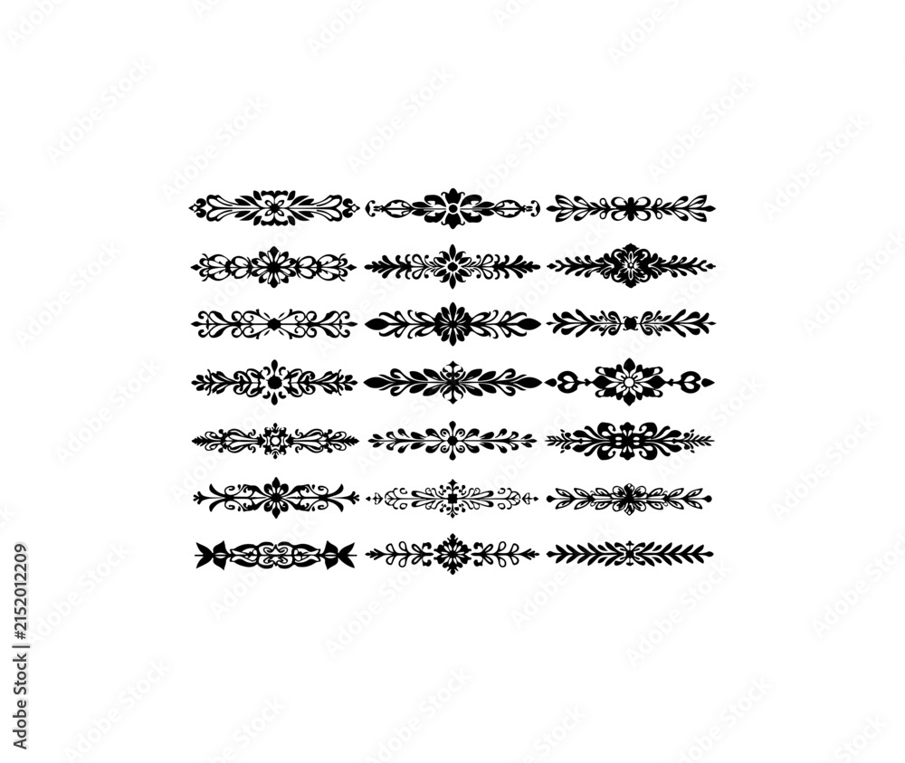 Fototapeta premium Intricate black and white ornate patterns arranged in horizontal decorative motifs on transparent background