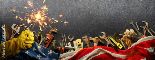 Labor Day - Work Glove Gripping Sparkler With American Flag And Work Wrench Tool Metal Equipment