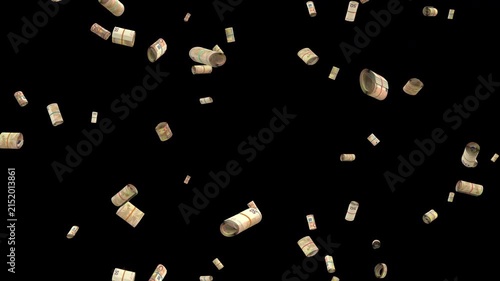 Falling rolled up Euro 50 bills loop Rain Wealth.