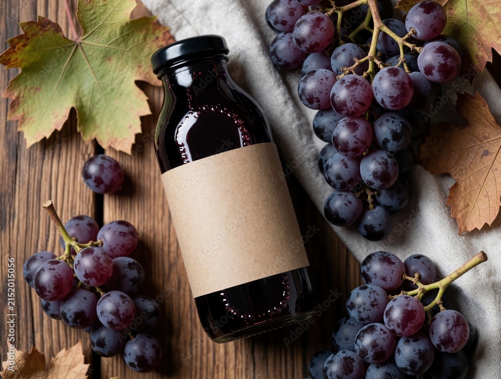 Obraz premium Dark grape juice bottle with blank label sits on rustic wood table. Fresh grapes and autumn leaves surround the beverage, suggesting natural harvest and drink.