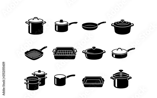 фотографія Set of black and white cooking pots and kitchen pans icons for culinary design p