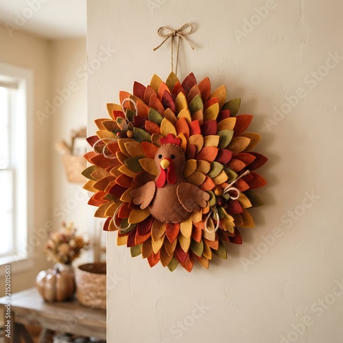 Handcrafted autumn turkey wreath with colorful fall leaves and berries for Thanksgiving decor