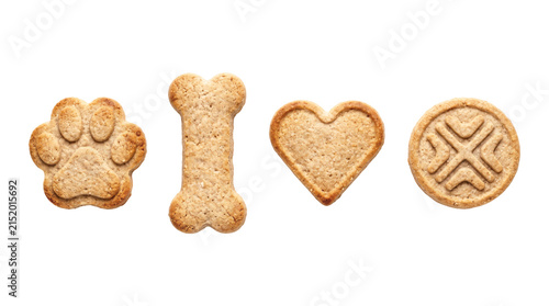 Cuadro en lienzo Assorted homemade dog treats in paw, bone, heart, and round shapes, isolated on