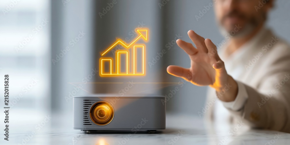 Obraz premium Medium shot of a stylish young sales strategist gesturing toward a glowing bar-chart-with-upward-arrow icon projected from a sleek conference-room projector onto the space above a bright marble table.