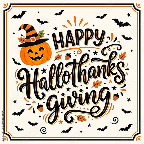 Hallothanksgiving pumpkin with bat wings and happy holiday text on chalkboard background