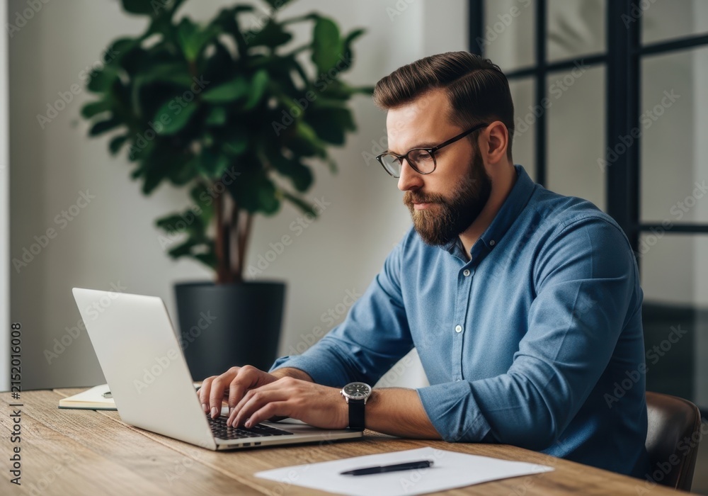 Fototapeta premium Professional man with a beard working on a laptop at his office desk