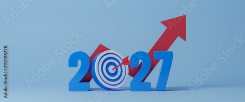2027 New year goals and plans. Business target and growth strategy. Business annual plan and development for achieving goals and success. business target and stock market growth. 3d rendering