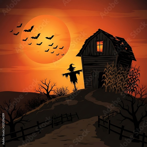 Halloween haunted house with full moon and flying bats at dusk silhouette scene