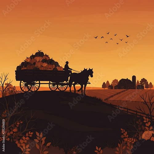 Horse-drawn hay wagon with pumpkins at golden sunset on autumn farm field
