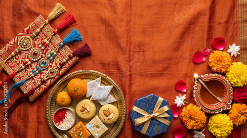 Raksha Bandhan Celebration with Rakhi, Sweets and Festive Decorations