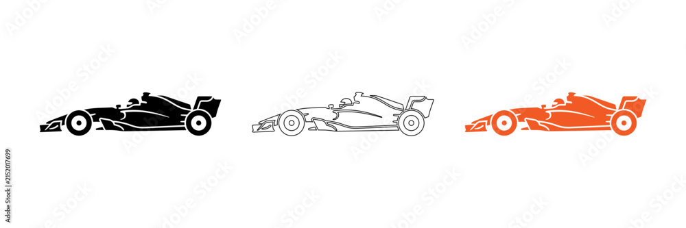 Fototapeta premium Three racing formula cars lined up in different colors isolated on transparent background, Vector