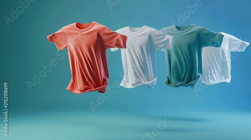 A creative product shot of multiple blank cotton t-shirts floating dynamically in mid-air. Generative AI.