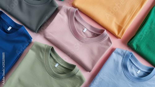 Realistic studio photography of a colorful T-shirt color options grid display. Generative AI.