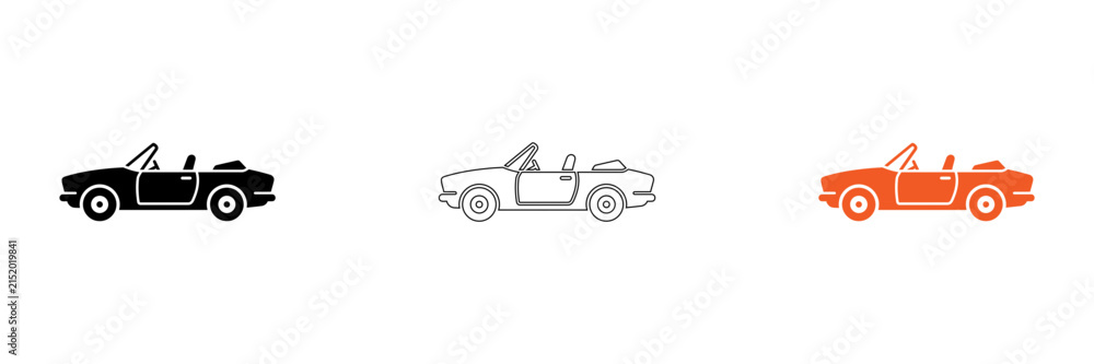 Fototapeta premium Three stylized vintage convertible cars in black white and orange isolated on transparent background, Vector