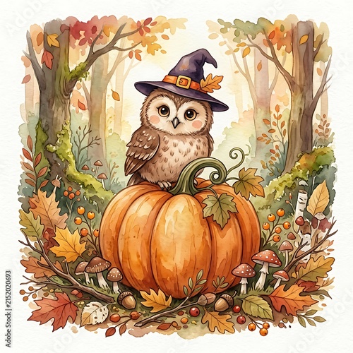 Cute autumn owl in witch hat sitting on carved pumpkin with fall leaves and harvest decor