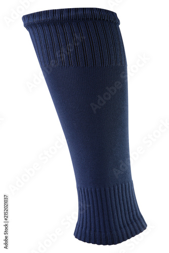 Dark blue footless football sock isolated on white background. Single soccer calf sleeve for shin guard support close up