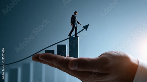 Businessman walking upward on a financial growth graph held in a giant hand with business management financial strategy achievement professional progress ambition