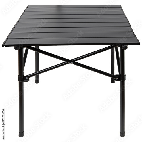 Black folding camping table with aluminum roll up slat top isolated on white background. Portable outdoor picnic table front view studio shot