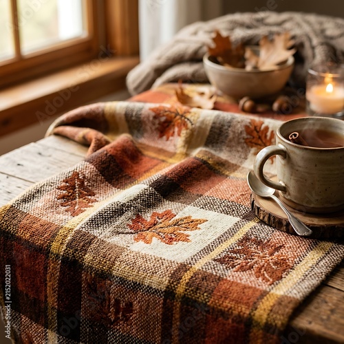 Cozy autumn morning scene with plaid blanket, hot coffee, and scattered fall leaves on wooden table