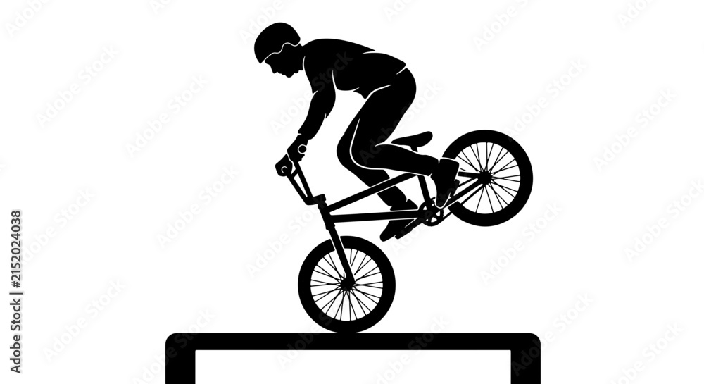 Fototapeta premium BMX Rider Silhouette Performing Wheelie Trick, Extreme Sports Action Vector Graphic, Dynamic Cycling Silhouette for Sport and Lifestyle Concepts