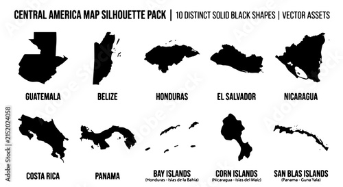 Central America Map Silhouettes, 10 Distinct Solid Black Shapes, Vector Assets for Geographic Design