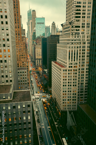 Aerial view of 42nd Street on a wet day in midtown Manhattan, New York City