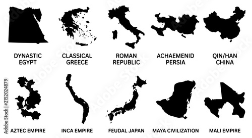 Bild auf Leinwand Ancient Civilizations Map Silhouettes: Dynastic Egypt, Classical Greece, Roman R
