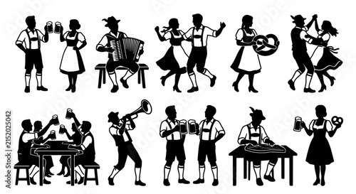 Oktoberfest Celebration Vector Icons: Bavarian Dancers, Musicians, Beer Drinkers, and Traditional German Festivities, Black and White Silhouettes for Cultural Events and Party Design