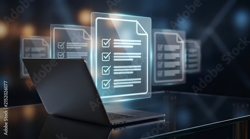 Cloud based enterprise software for document compliance and task approval featuring glowing digital checklists