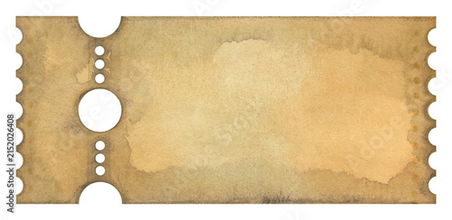 Vintage watercolor ticket template with copy space for text. Old paper ticket stub with watercolor texture and perforated edges. Design element for invitations, scrapbooking, retro event passes.