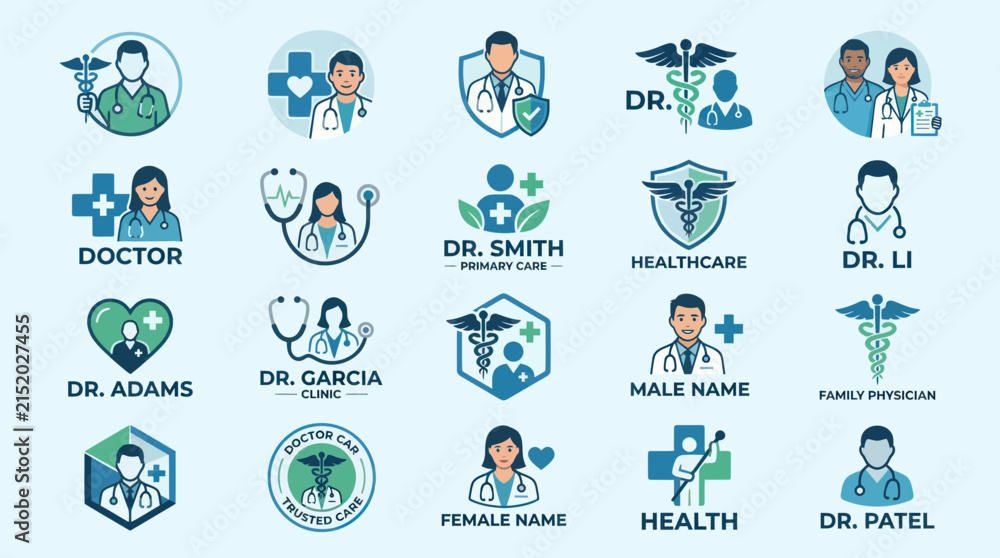 Fototapeta premium Diverse medical staff icons and professional healthcare avatars.