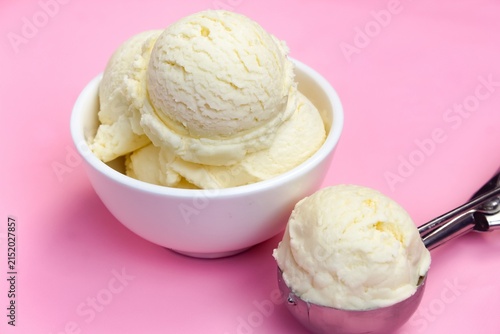 bowl of vanilla ice cream with an ice cream scoop