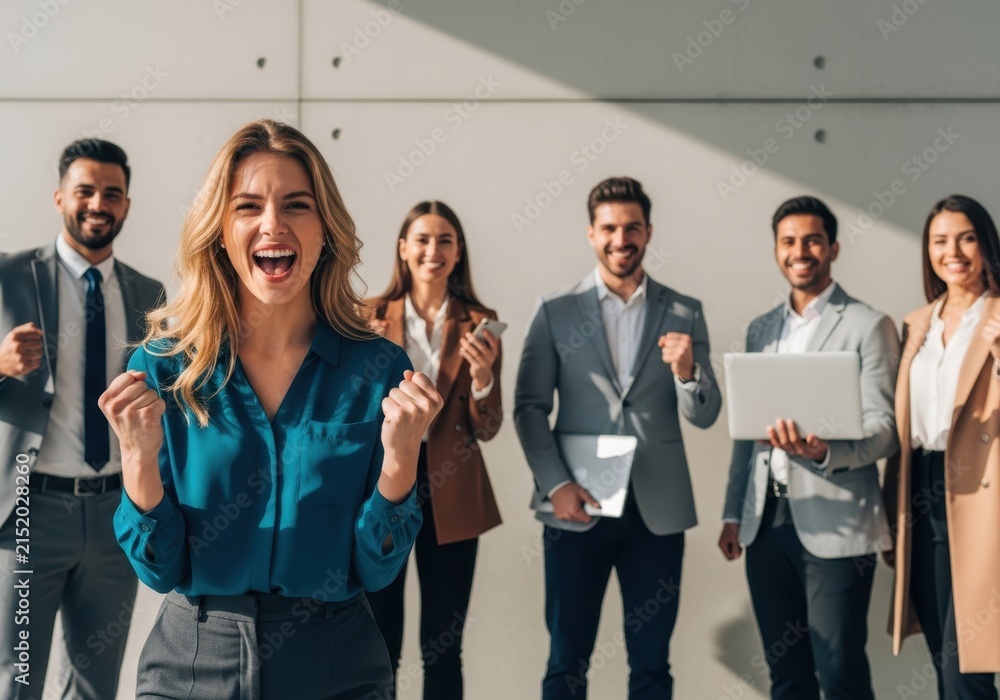 Fototapeta premium Excited business team celebrating success in a modern office building