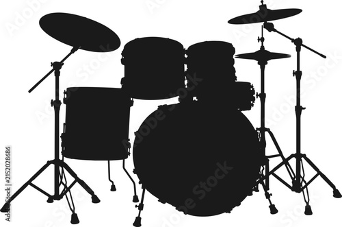 Drum set silhouette vector illustration, complete rock band percussion musical instrument display with cymbals and hardware