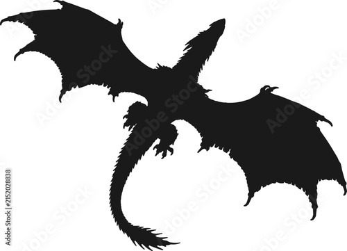 Majestic flying dragon silhouette vector illustration featuring large spread wings and long tail in aerial top view, fantasy mythical creature silhouette for epic power and legend concepts.