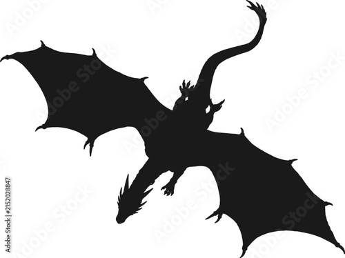 Majestic flying dragon silhouette vector illustration featuring large spread wings and long tail in aerial top view, fantasy mythical creature silhouette for epic power and legend concepts.